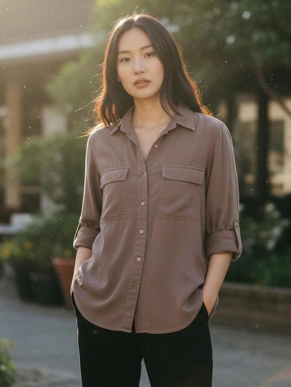 Aritzia Babaton Utility Relaxed Taupe Button-Down Shirt with Patch Pockets M